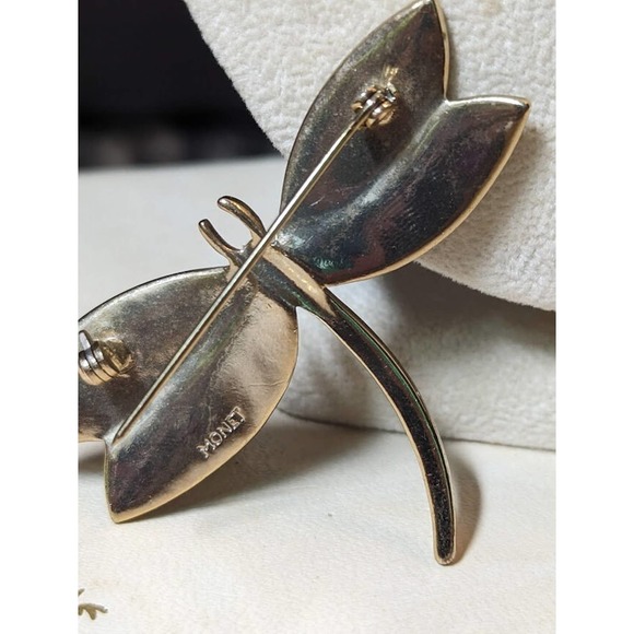 Rare Vintage 1940s Monet Gold Tone Aqua Stone Dragonfly Brooch - Picture 3 of 4